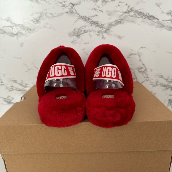 UGG Fluff Yeah Ruby Red Slide Slippers Shoes - Picture 4 of 9